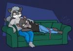 cuddling duo eyewear furniture glasses male male/male sofa chris_sutor sammy_(samadhir) mammal murid murine procyonid raccoon rat rodent