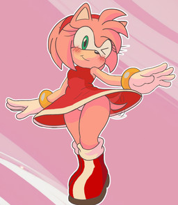 accessory anthro big_breasts blush breasts clothed clothing dress eyelashes female fur gloves green_eyes hair handwear looking_at_viewer low-angle_view one_eye_closed panties pink_background pink_body red_clothing red_dress side_boob simple_background smile smiling_at_viewer solo tail tail_motion tailwag thick_thighs underwear upskirt wide_hips wink dinim sega sonic_the_hedgehog_(series) amy_rose eulipotyphlan hedgehog mammal 2026 absurd_res digital_media_(artwork) hi_res