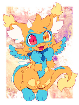 3_toes 4_fingers ambiguous_gender anthro blue_body blue_fur cheek_tuft chest_tuft cute_fangs ear_tuft facial_tuft fangs feathered_wings feathers feet fingers fur head_tuft heterochromia horn inner_ear_fluff looking_at_viewer open_mouth orange_body orange_fur simple_background solo spiked_tail spikes spikes_(anatomy) tail teeth toes tongue tuft wings extyrannomon_(artist) mythology dragon furred_dragon furred_scalie mythological_creature mythological_scalie scalie 2018 hi_res