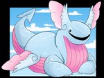 ambiguous_gender beady_eyes blue_body blue_sky blue_tail cloud feral markings open_mouth open_smile pink_body sky smile solo tail white_markings imperatorcaesar species_request 4:3 alpha_channel hi_res