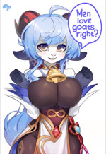 2021 alternate_species animated anthro big_breasts bovid breasts caprine clothed clothing dialogue digital_media_(artwork) english_text female fur furrification ganyu_(genshin_impact) genshin_impact goat hair hi_res high_framerate krokobyaka live2d looking_at_viewer loretenele mammal mihoyo no_sound open_mouth short_playtime signature simple_background smile solo speech_bubble teeth text third-party_edit tongue webm white_body white_fur