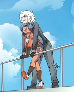 anthro blue_hair bottomwear breasts brown_body clothed clothing day dolphin_shorts duo eyes_closed facial_markings female footwear gloves gloves_(marking) grey_eyes hair handwear happy head_markings jacket larger_human larger_male leaning leaning_forward leaning_on_another leaning_on_railing leg_markings male male/female markings mask_(marking) medium_breasts open_mouth open_smile outside pale_skin pants railing shirt shoes shorts size_difference sky smaller_anthro smaller_female smile sneakers socks_(marking) standing tail three-quarter_view topwear white_hair high5art brand_new_animal studio_trigger michiru_kagemori shirou_ogami canid canine human mammal raccoon_dog tanuki 2022 digital_drawing_(artwork) digital_media_(artwork) hi_res signature