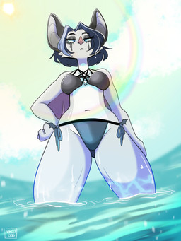 alternative_fashion anthro bat_wings bikini bikini_thong blue_eyes blue_hair bone clothing female first_person_view fur goth hair low-angle_view makeup membrane_(anatomy) membranous_wings occult_symbol pentagram running_makeup sea skull solo sun swimwear symbol two-piece_swimsuit water white_body white_fur wings rood0g xaxma bat mammal 3:4 hi_res