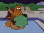 anthro belly big_belly blep blue_eyes blue_tongue fur green_eyes heterochromia male navel obese overweight overweight_anthro overweight_male pool poolside solo tail tongue tongue_out vore wings bigtimekudo colt_(notabird) bat canid canine fox hybrid mammal colored digital_media_(artwork) shaded