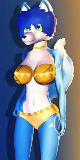 anthro bandeau big_breasts blue_body blue_fur blue_hair breasts clothing female fur green_eyes hair markings multicolored_body multicolored_fur solo tail topwear two_tone_body two_tone_fur underwear white_body white_fur white_markings conditional_dnp gusta nintendo star_fox krystal_(star_fox) canid canine fox mammal hi_res