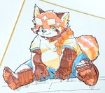 anthro bottomwear braided_hair braided_ponytail clothing eyebrows fur green_eyes hair male pawpads ponytail red_body red_fur shorts sitting slightly_chubby solo thick_eyebrows young zimasanda2 lifewonders tokyo_afterschool_summoners zhurong_(tas) ailurid mammal red_panda hi_res traditional_media_(artwork)