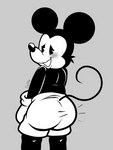 anthro black_body black_nose blush bottomwear butt butt_focus clothed clothing gloves grey_background handwear looking_back male nervous nervous_smile open_mouth open_smile shorts simple_background smile solo standing topless floofyboyetime disney mickey_mouse mammal mouse murid murine rodent 2021 3:4 monochrome