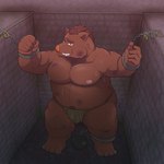 anthro ball_and_chain belly bodily_fluids bottomwear bound brown_body clothing detailed_background humanoid_hands imprisoned kemono loincloth male moobs nipples overweight overweight_male sad shackled solo sweat tears iyhuh7vxmhdc9ht makutatsuki mammal suid suine sus_(pig) wild_boar 1:1 2021 absurd_res hi_res