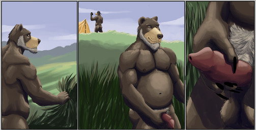 anthro balls beard black_nose brown_body brown_fur butt duo erection facial_hair fur genitals grass imminent_masturbation male mature_anthro mature_male musclegut muscular muscular_anthro muscular_male nature navel nipples nude nude_anthro nude_male outdoor_nudity outside penis plant standing tall_grass tent sampsonwoof bear mammal comic hi_res father_(lore) father_and_child_(lore) father_and_son_(lore) parent_(lore) parent_and_child_(lore) parent_and_son_(lore) son_(lore)