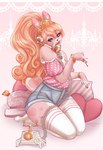 anthro blue_bottomwear blue_clothing blue_eyes bottomwear clothed clothing electronics eyelashes female footwear glistening glistening_eyes hair kneeling lips long_hair orange_hair phone pillow pink_body pink_clothing pink_lips pink_topwear socks solo topwear white_clothing white_footwear white_socks tiggybloom 2020 dated hi_res