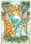 anthro art_nouveau blonde_hair clothed clothing dress evergreen_tree fangs female front_view fully_clothed fur hair looking_at_viewer open_mouth orange_body orange_fur outside pine_tree plant solo teeth tree water white_body white_fur yellow_eyes terrie_smith european_mythology mythology thracian_mythology kotys deity domestic_cat felid feline felis mammal 2005