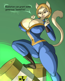 anthro big_breasts biped blonde_hair breasts brown_eyes cleavage clothed clothing female fur hair hazard_symbol jumpsuit lips navel nipple_outline radiation_symbol smile solo standing symbol tan_body tan_fur teeth thick_thighs unzipped zipper arttukorppu fallout microsoft domestic_cat felid feline felis mammal 4:5 absurd_res hi_res