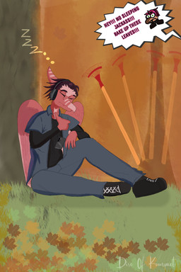 angry anthro anthro_focus autumn black_clothing black_shirt black_topwear bottomwear brown_hair clothed clothed_anthro clothed_female clothed_male clothing cutaway dialogue duo electronics ellipsis eyes_closed feathered_wings feathers female fingers footwear frown grass green_eyes grey_bottomwear grey_clothing grey_jacket grey_pants grey_topwear hair headphones humanoid_hands jacket leaf male male_focus offscreen_character open_clothing open_jacket open_topwear outside pants pink_hair plant profanity rake red_body red_feathers shirt shoes short_hair sitting sleeping sound_effects speech_bubble talking_to_another text tools topwear tree vowelless vowelless_sound_effect wings zzz disc_of_kompact devlog:_a_post-modern_college_experience rebecca_(devlog) theo_(devlog) dinosaur dromaeosaurid microraptor prehistoric_species pterosaur reptile saurischian scalie theropod artist_name colored english_text hi_res shaded