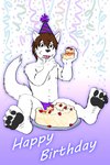 anthro birthday birthday_cake cake claws clothing dessert eating eating_cake feet food foot_focus hat headgear headwear looking_at_viewer male party_hat paws sitting solo toes kizu sabbyth canid canine canis mammal wolf hi_res