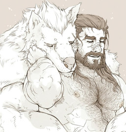 abs anthro armpit_hair beard big_muscles body_hair chest_hair duo facial_hair hair hand_on_head hug human_on_anthro interspecies long_hair looking_down lying male male/male muscular mustache nipples nude open_mouth pecs romantic romantic_couple scar scratch simple_background size_difference straddling pockyrumz mythology canid canine human mammal mythological_canine mythological_creature werecanid werecanine werecreature werewolf 2015 detailed digital_media_(artwork) half-length_portrait monochrome portrait