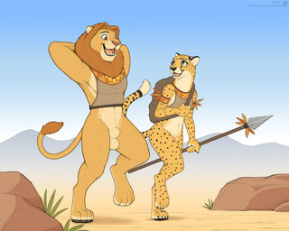 animal_genitalia anthro balls bottomless breasts clothed clothing desert digitigrade duo female female_anthro fur genitals male male/female male_anthro mane markings melee_weapon outside polearm sheath spear spots spotted_body spotted_fur tail tail_tuft text topwear topwear_only tuft walking weapon jishinu cheetah felid feline lion mammal pantherine 2025 5:4 hi_res url
