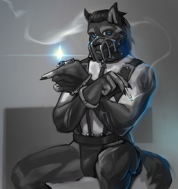 anthro bdsm belt belt_buckle blue_eyes blue_fire bondage bottomwear bound buckle cigarette claws clothing collar colored_fire cuff_(restraint) fire fur hair handcuffs lighter male metal_cuffs muzzle_(object) muzzled restrained restraints simple_background sitting smoke solo submissive submissive_male wire_basket_muzzle grumpy_gray_guy canid canine canis mammal wolf 2020 hi_res monochrome