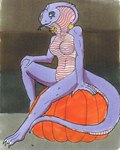 anthro breasts female food fruit non-mammal_breasts nude plant pumpkin purple_body purple_scales scales sitting solo tail nyghtmar3 tasha_(nyghtmar3) cobra reptile scalie snake hi_res traditional_media_(artwork)