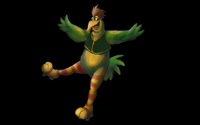 anthro arms_wide beak black_background clothing feathers footwear green_body green_feathers hair male open_mouth quad_skates red_hair roller_skates roller_skating simple_background skating solo topwear vest yellow_body yellow_feathers r4c00n hanna-barbera skatebirds knock_knock_(skatebirds) avian bird picid woodpecker 16:10 2025 hi_res widescreen