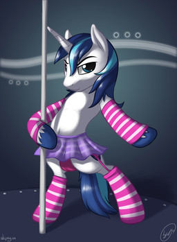 clothed clothing crossdressing dancing horn legwear male panties pole pole_dancing solo stockings tail underwear skipsy friendship_is_magic hasbro my_little_pony mythology shining_armor_(mlp) equid equine mammal mythological_creature mythological_equine unicorn absurd_res hi_res