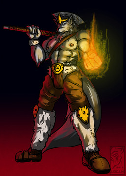 abs axe barbarian fantasy fire magic male melee_weapon muscular muscular_male nipples pecs solo warrior weapon iudicium86 canid canine canis mammal wolf 2017 hi_res smaller_version_at_source