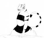 anthro bed biped bottomwear claws clothed clothing exposure_variation female flat_chested fur furniture kneeling looking_at_viewer muscular muscular_anthro muscular_female narrowed_eyes on_bed skirt smile solo striped_body striped_fur stripes topwear tube_top cloven-jitsu pack_street pandora_(weaver) felid mammal pantherine tiger black_and_white monochrome