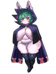 belly big_breasts blush breasts cloak clothing female frown green_hair hair hood huge_breasts legwear mostly_nude nipple_slip not_furry red_eyes short_stack simple_background slightly_chubby slightly_chubby_female solo thick_thighs thigh_highs white_background ytrall league_of_legends riot_games tencent vex_(lol) humanoid yordle 3:4 hi_res