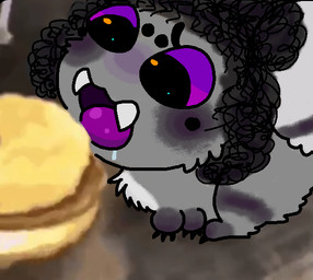 black_body black_fur black_hair blush bodily_fluids burger chibi cute_fangs fangs feral food fur grey_body grey_fur hair male multi_arm multi_eye multi_limb open_mouth purple_eyes purple_tongue saliva tail teeth tongue white_body white_fur sosu-the-blue-wolf velley_(beastbeans) arachnid arthropod spider colored digital_drawing_(artwork) digital_media_(artwork)