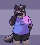 black_nose clothing eating eyes_closed humanoid_hands male shirt simple_background slightly_chubby solo topwear underwear orbitpaws password_(visual_novel) dave_(password) hyena mammal striped_hyena 2021 hi_res