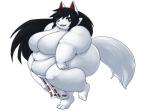 anthro belly big_belly big_breasts black_eyes black_hair bottomwear breasts butt clothing deep_navel featureless_breasts female fur hair loincloth looking_at_viewer navel nude obese obese_anthro obese_female open_mouth overweight overweight_anthro overweight_female plantigrade pose simple_background smile solo standing thick_thighs white_background white_belly white_body white_fur yosioka_san kakizaki canid canine fox mammal 4:3 digital_media_(artwork)