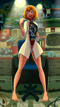 barefoot blonde_hair blue_eyes cable chair clothed clothing computer cybernetics electronics feet female front_view furniture hair machine monitor not_furry open_clothing open_shirt open_topwear shirt solo standing technophilia tongue tongue_out tools topwear wrench zipper bajabug_(artist) cyborg human mammal robot 9:16