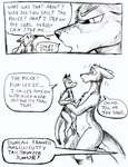 anthro bottomless clothed clothing dialogue dipstick_ears dipstick_tail duo ear_markings male markings multicolored_ears multicolored_tail nude open_clothing open_topwear open_vest shrinking size_transformation tail tail_markings text topwear transformation vest flinters duncan_roo flinters_(character) kangaroo macropod mammal marsupial comic english_text monochrome