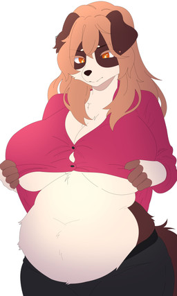 anthro belly belly_overhang big_belly big_breasts blush breasts clothed clothing clothing_lift collared_shirt dress_shirt female front_view hair huge_breasts navel overweight overweight_anthro overweight_female shinorui shirt shirt_lift simple_background slightly_chubby smile smiling_at_viewer solo thick_thighs topwear topwearfur under_boob wide_hips sarah_(corgipudding) canid canine canis collie domestic_dog herding_dog mammal pastoral_dog sheepdog 3:5 absurd_res hi_res