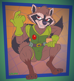 abstract_background anthro black_nose brown_body brown_fur bulge claws clothing crouching fangs finger_wag fur gloves green_clothing green_leotard handwear leotard male multicolored_body multicolored_fur muscular red_eyes short smug solo stripes teeth uniform gavanzude guardians_of_the_galaxy marvel rocket_raccoon mammal procyonid raccoon alternate_version_at_paywall digital_drawing_(artwork) digital_media_(artwork) hi_res signature