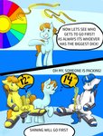 anatomically_correct anatomically_correct_genitalia anatomically_correct_penis animal_genitalia animal_penis balls blue_background blue_eyes blue_hair bondage_chair bondage_furniture braeburn_(mlp) chair comic comparing comparing_penis competition dialogue english_text equid equine equine_genitalia equine_penis erection fan_character feral friendship_is_magic fur furniture game_show genitals green_body green_eyes green_fur group hair hasbro hi_res hooves horn horse horse_tail killian_joy magic magic_user male male/male mammal mane medial_ring musical_note my_little_pony mythological_creature mythological_equine mythology orange_body orange_fur penis penis_size_difference pony restraints sexual_competition shining_armor_(mlp) simple_background smile tape_measure telekinesis text unicorn unicorn_horn wheel whistling white_body white_fur yellow_body yellow_fur