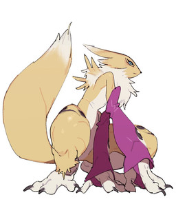3_fingers ambiguous_gender anthro arm_tuft armwear athletic back_tuft bent_legs big_hands black_claws black_nose black_sclera bridal_gauntlets chest_tuft claws clothing countershade_torso countershading double_tomoe fingers fluffy frown fur hand_on_floor kneeling leg_markings long_ears long_tail looking_down markings muscular muscular_anthro neck_tuft purple_body purple_clothing purple_fur shoulder_tuft simple_background slim solo spread_legs spreading tail thick_thighs thigh_markings tomoe_(symbol) tuft white_background white_body white_countershading white_fur yellow_body yellow_fur yin_yang generalhorn02 bandai_namco digimon canid digimon_(species) mammal renamon colored digital_drawing_(artwork) digital_media_(artwork) shaded