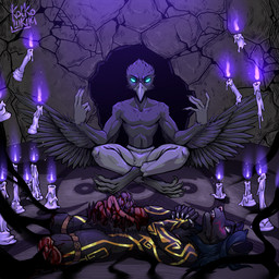 amputation anthro blood blood_in_mouth blood_on_face bodily_fluids colored_fire creepy death evil_face evil_look fire glowing glowing_eyes golden_markings gore grin guts levitation magic organs pain purple_fire ritual sitting sitting_on_ground smile spiritual spirituality torture avian bird corvid corvus_(genus) felid feline mammal oscine passerine raven 1:1 hi_res