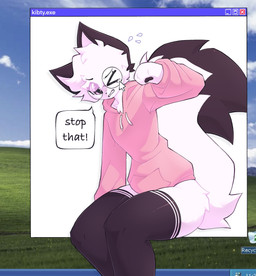 ambiguous_gender anthro black_clothing black_legwear black_pantyhose clothing eyewear femboy fur glasses hoodie legwear pantyhose pink_clothing pink_hoodie pink_topwear solo text topwear white_body white_fur jelly1k_(artist) bliss_(image) microsoft microsoft_windows windows_xp domestic_cat felid feline felis mammal english_text hi_res