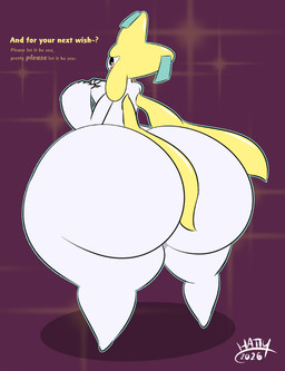 ambiguous_gender big_butt biped blush butt dialogue featureless_feet feet fingers huge_butt huge_hips huge_thighs hyper hyper_butt looking_back multicolored_body not_furry nude open_mouth outline rear_view simple_background solo standing text thick_thighs white_body wide_hips hatty_ya_ku nintendo pokemon generation_3_pokemon humanoid jirachi legendary_pokemon pokemon_(species) 2026 artist_name digital_drawing_(artwork) digital_media_(artwork) english_text hi_res