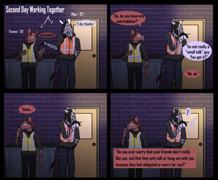 anthro armwear bat_nose binder_(restraint) black_hair bondage_gear brown_body brown_fur cigarette clothing dialogue door dumpster duo ears_back ears_up fangs fur hair high-vis long_hair male male/male outside pivoted_ears red_hair restraints smoke smoking smoking_cigarette speech_bubble striped_body stripes surprised tail teeth text text_box topwear vest wall_(structure) white_body white_fur winged_arms wings familiar_nobody famno_(familiar_nobody) pan_(familiar_nobody) bat equid equine mammal zebra absurd_res comic english_text hi_res shaded