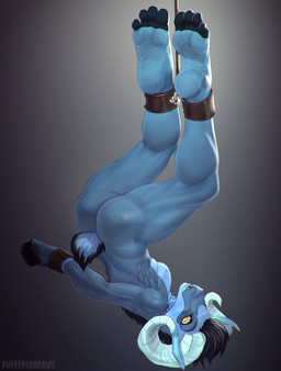 4_toes anthro athletic athletic_male barefoot bdsm bondage bound butt captured chain chained countershade_feet countershading cuff_(restraint) fantasy feet foot_fetish foot_focus hands_behind_back humanoid_feet leather leather_cuffs looking_back male nude plantigrade prisoner restrained restraints serratus slim soles solo submissive submissive_male toes upside_down puffypinkpaws wren_(drazii-na) bovid caprine mammal