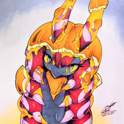 abstract_background ambiguous_gender antennae_(anatomy) eyelashes feral food fruit grey_eyes half-closed_eyes looking_at_viewer narrowed_eyes plant pumpkin red_body solo yellow_sclera 025aki nintendo pokemon arthropod generation_5_pokemon pokemon_(species) scolipede 2025 absurd_res dated hi_res signature