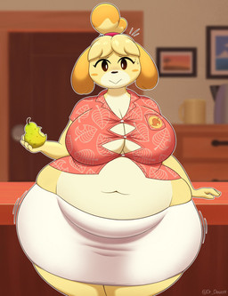 anthro anthrofied big_breasts blonde_hair blush bottomwear breasts brown_eyes cleavage clothed clothing collared_shirt dress_shirt female food fruit fur hair huge_breasts huge_hips huge_thighs hyper hyper_hips hyper_thighs looking_at_viewer navel overweight overweight_female pear pear-shaped_figure plant shirt skirt smile solo thick_thighs tight_clothing topwear wide_hips yellow_body yellow_fur dr.dewott animal_crossing nintendo isabelle_(animal_crossing) canid canine canis domestic_dog mammal shih_tzu toy_dog 2026 colored digital_drawing_(artwork) digital_media_(artwork) hi_res shaded