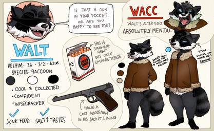 anthro bomber_jacket cigarette gun male ranged_weapon solo speech_bubble text weapon mortsy mortytaur walt_(cmdrwalter) mammal procyonid raccoon english_text hi_res model_sheet