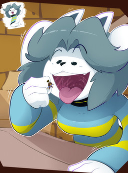ambiguous_gender anthro anthro_pred big_ears bodily_fluids breasts butt_crush clothed clothing duo extreme_size_difference female feral fully_clothed grey_hair hair happy human_prey imminent_vore inside leaning leaning_forward leaning_on_table looking_at_another micro micro_prey mouth_shot open_mouth saliva sitting sitting_on_another sitting_on_micro size_difference slightly_chubby small_breasts sweater tail tongue tongue_out toony topwear uvula vore white_body willing_pred muka288 mukaxslivka undertale undertale_(series) frisk_(undertale) temmie_(undertale) human mammal temmie_(species) absurd_res digital_drawing_(artwork) digital_media_(artwork) hi_res multiple_scenes