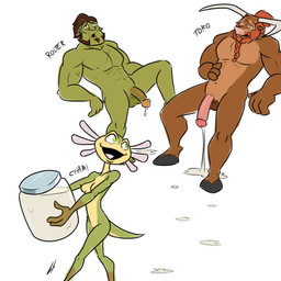 anthro bodily_fluids container cum cum_in_container cum_in_jar exhausted female genital_fluids group jar male male/female muscular muscular_male size_difference trio lord_sarloc pukijr drunken_tales european_mythology greek_mythology mythology chami_(drunken_tales) rolter_(drunken_tales) toro_(drunken_tales) amphibian aquatic axolotl bovid bovine cattle humanoid mammal minotaur mole_salamander orc salamander hi_res