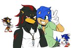 anthro black_body blue_body clothing duo footwear frown gesture gloves hand_gesture handwear jewelry looking_at_viewer male necklace one_eye_closed red_eyes scowl shirt shoes simple_background smile tank_top topwear unimpressed v_sign white_background wink winking_at_viewer redxbacon sega sonic_the_hedgehog_(series) shadow_the_hedgehog sonic_the_hedgehog eulipotyphlan hedgehog mammal