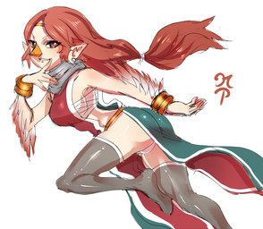 asian_clothing bangle beak black_clothing black_legwear bracelet breasts brown_hair butt chest_wraps chinese_clothing chinese_dress circlet clothing dress east_asian_clothing feathered_wings feathers female finger_to_mouth hair humanoid_pointy_ears jewelry legwear long_hair monster_girl_(genre) nose_beak panties panty_shot pointy_ears ponytail red_eyes scarf side_boob sideless_clothing sideless_dress smile solo thigh_highs tied_hair underwear white_clothing white_panties white_underwear wings wraps maniacpaint nintendo the_legend_of_zelda wind_waker medli animal_humanoid avian avian_humanoid humanoid rito rito_humanoid