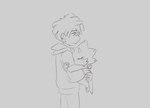 anthro bodily_fluids clothing crying duo hoodie horn hug male tears topwear tinypwbble bandai_namco digimon digimon_ghost_game hiro_amanokawa digimon_(species) gammamon human mammal line_art