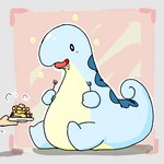 ambiguous_gender anthro beady_eyes belly blue_body bodily_fluids drooling duo food hungry overweight pancake plate saliva ardest palworld pocketpair pal_(species) relaxaurus 1:1 low_res